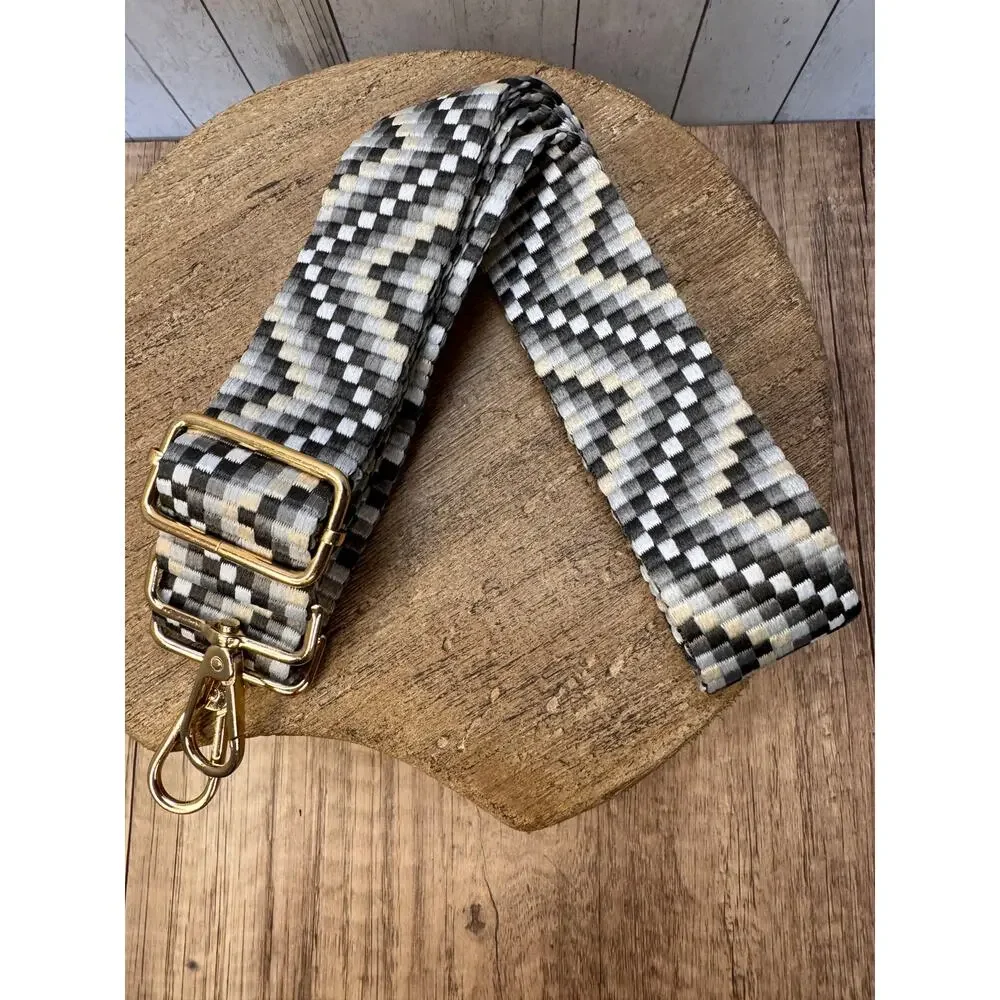 Small Squares Blue Beige Purse Strap Wide Bag Strap Boho Crossbody Purse Strap